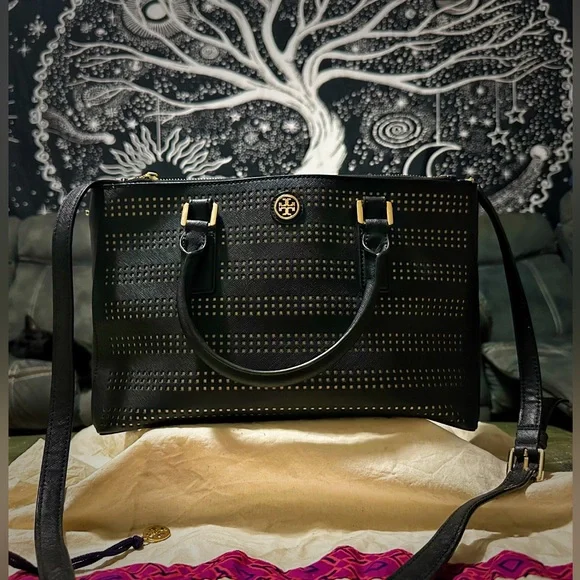 Vintage Tory Burch tote bag crossbody purse Black Satchel with Gold Accents - Picture 17 of 17